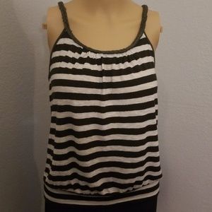 Cream & Olive Green Striped Top with Braided Strap